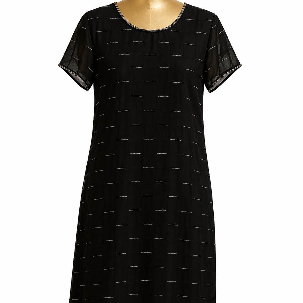 Michael Stars Sheer Black Shift Dress Metallic Stripe Short Sleeve Layering Med.
